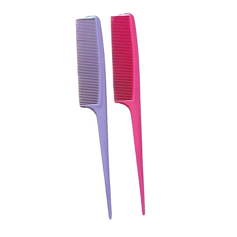 Vintage Fine Tooth Styling Hair Comb Rat Tail Plastic Pink Purple‎ USA Lot Of 2